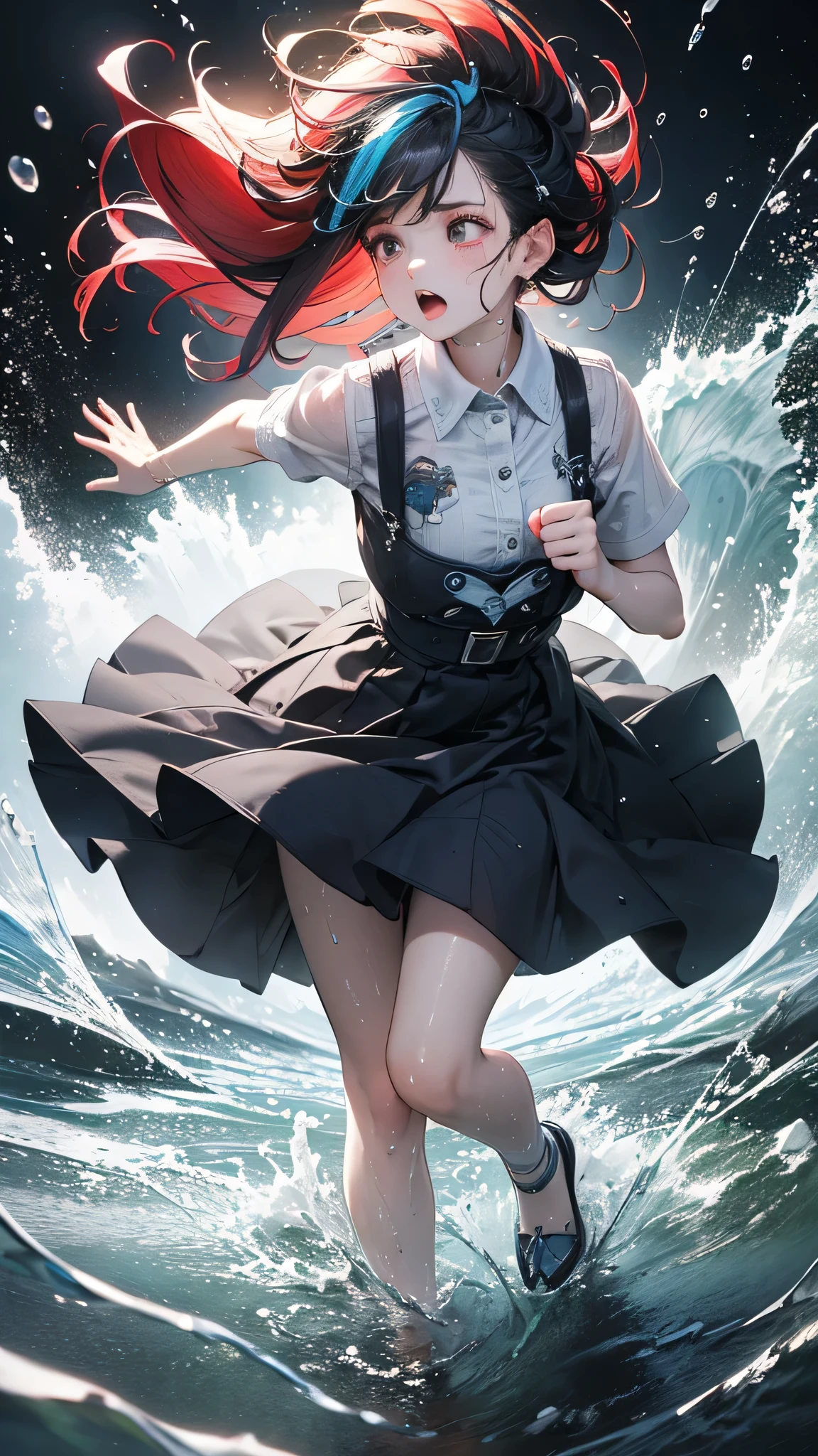 masterpiece, highest quality, (Dynamic pose:0.5), Absurd, One girl,  Fighting Pose, Punch Water, (Attacking with water:1.5) Wet clothes, wet hair, Wet Face, Water behind a person, Multicolored Hair, (Wind:1.4)