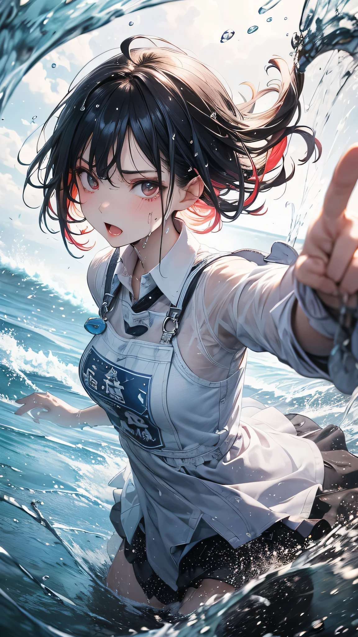 masterpiece, highest quality, (Dynamic pose:0.5), Absurd, One girl,  Fighting Pose, Punch Water, (Attacking with water:1.5) Wet clothes, wet hair, Wet Face, Water behind a person, Multicolored Hair, (Wind:1.4)