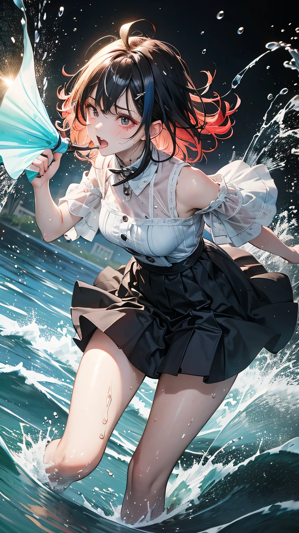 masterpiece, highest quality, (Dynamic pose:0.5), Absurd, One girl,  Fighting Pose, Punch Water, (Attacking with water:1.5) Wet clothes, wet hair, Wet Face, Water behind a person, Multicolored Hair, (Wind:1.4)