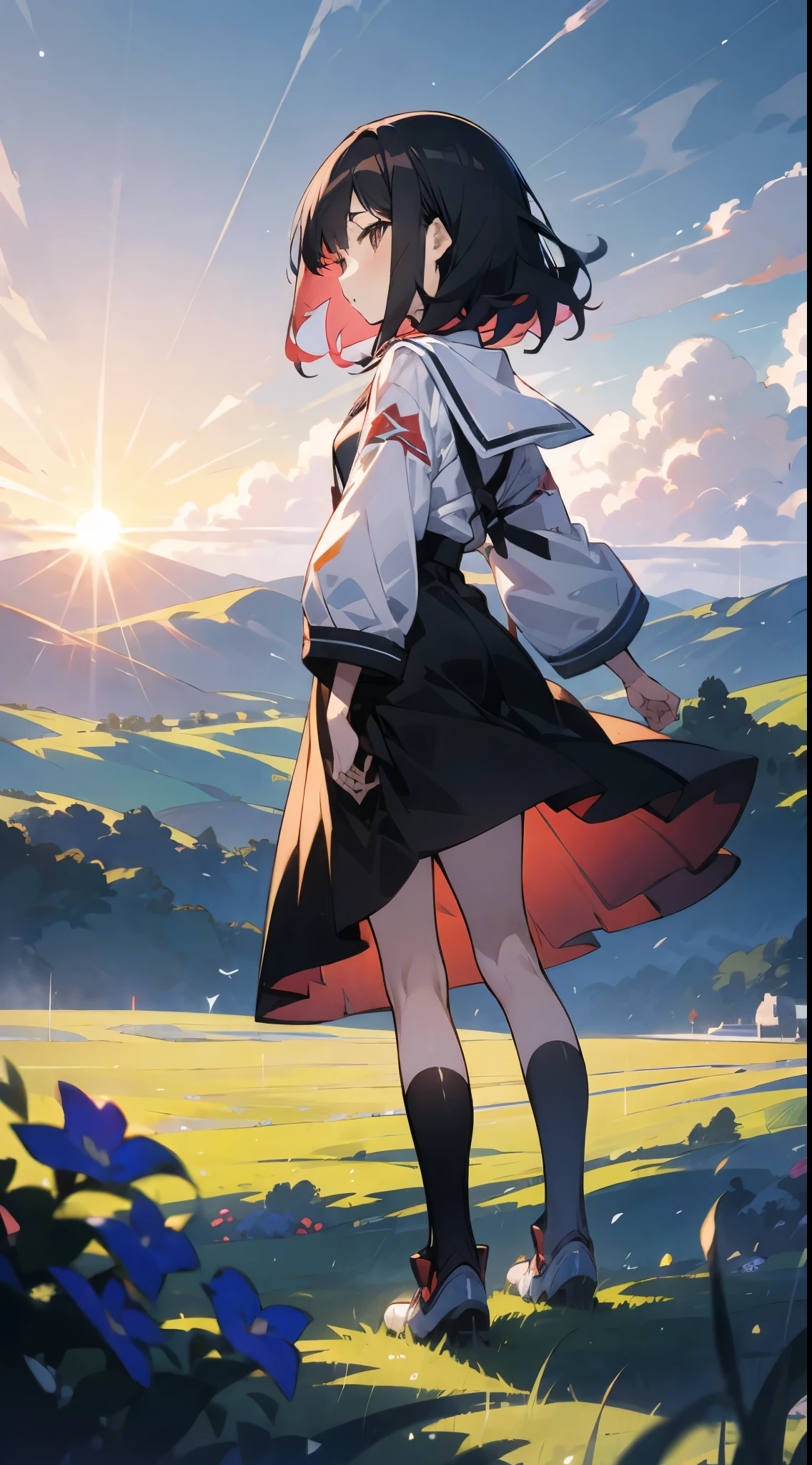 animagine XL V3.1 , colourful anime girl
Hair floating in the air, Rear view, look at the sun, There is a starship in the sky, three suns, with black hair,  girl, standing on the grassland, landscape, universe, 8K, Super details