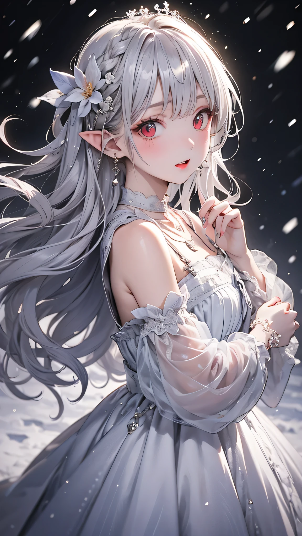 (High Picture Quality, Immortal painting style, The light and shadow are delicate, Highest definition, Fine composite diagram)、whaite hair、Red eyes、long whitr hair、the elf、(Feminine posture)、(Wearing a tulle dress)、(Surrounded by snow)、(Slightly windy)、(face red blush)。
