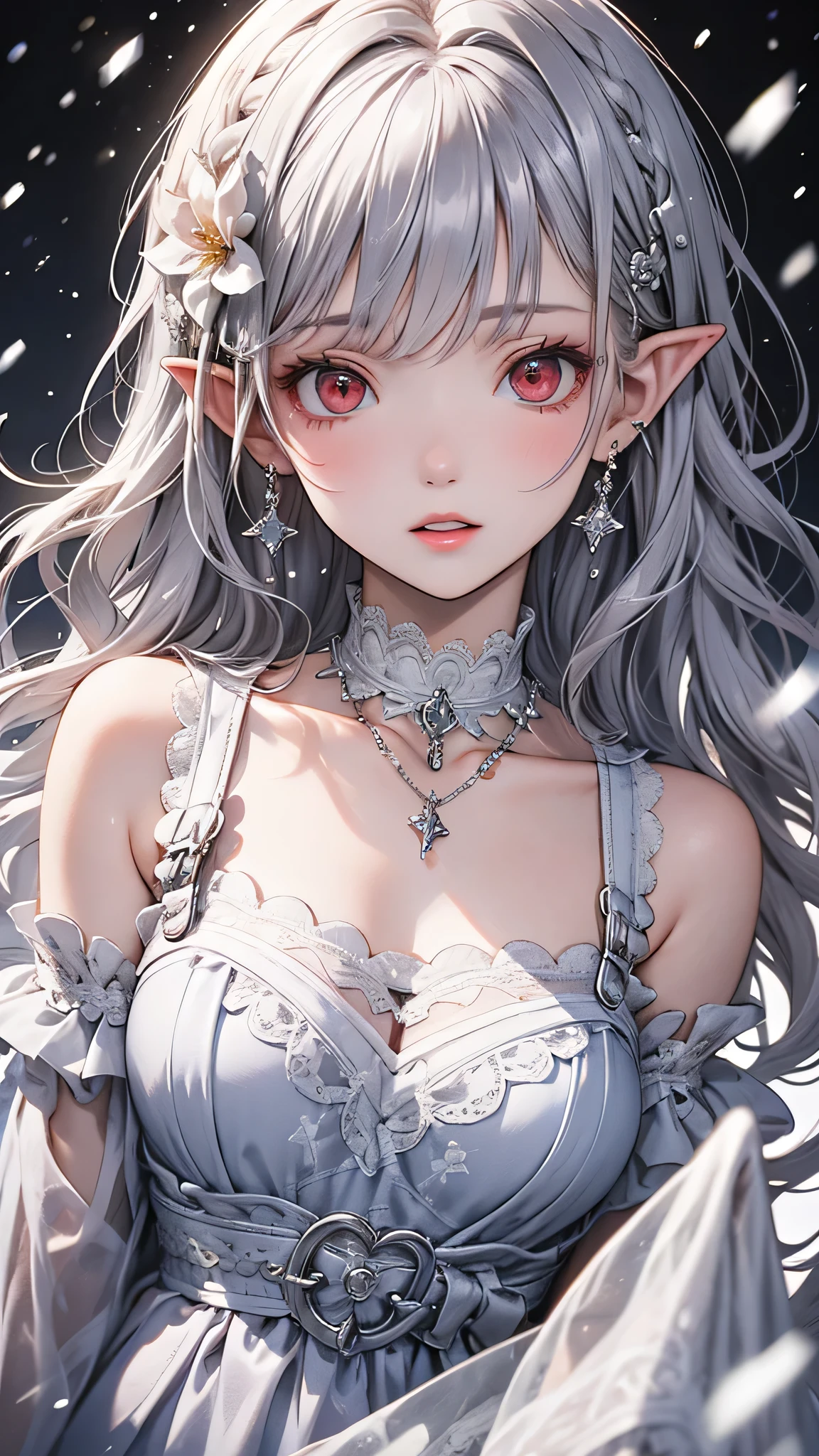 {{masterpiece}},highest quality,Very detailed,Very detailed CG Unity 8k wallpaper,An illustration, One girl, Red eyes, Wavy silver hair, Pointed Ears, vampire, dress, necklace, Hair Flowers, snow, ice, whole body, shot,High Close-up, Very detailed,Center Frame,Sharp focus, View Viewer, Floating hair,