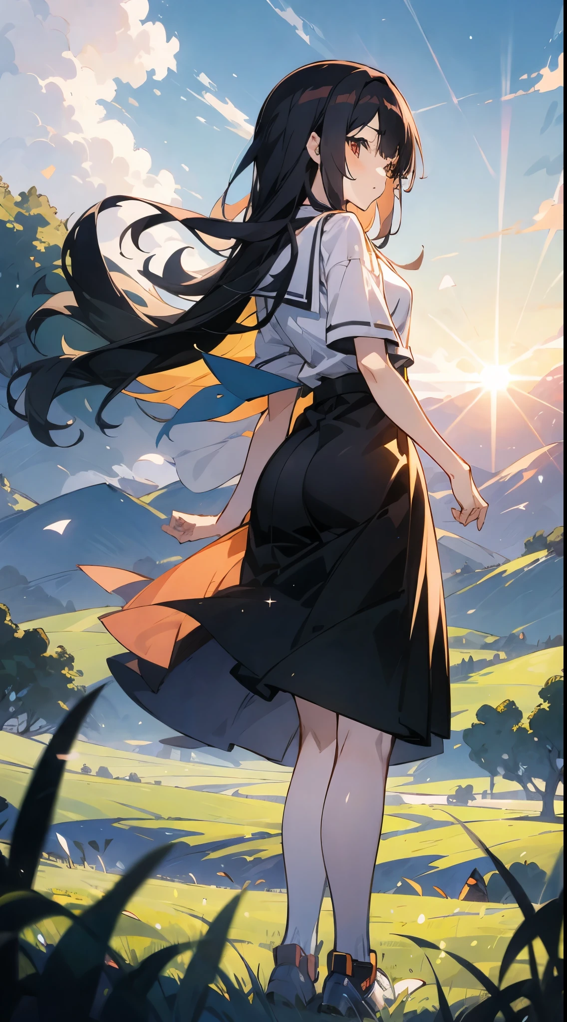 animagine XL V3.1 , colourful anime girl
Hair floating in the air, Rear view, look at the sun, There is a starship in the sky, three suns, with black hair,  girl, standing on the grassland, landscape, universe, 8K, Super details