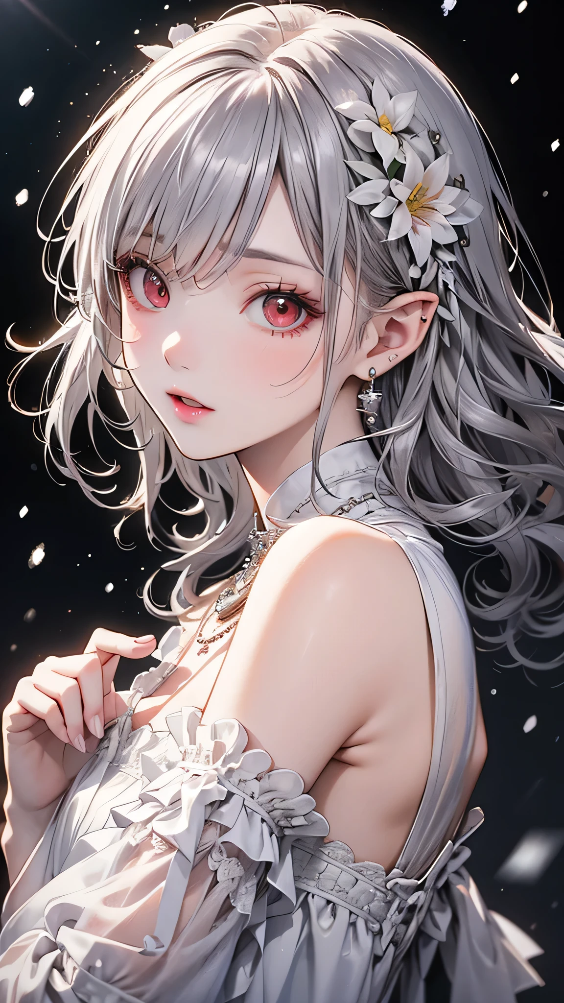 {{masterpiece}},highest quality,Very detailed,Very detailed CG Unity 8k wallpaper,An illustration, One girl, Red eyes, Wavy silver hair, Pointed Ears, vampire, dress, necklace, Hair Flowers, snow, ice, whole body, shot,High Close-up, Very detailed,Center Frame,Sharp focus, View Viewer, Floating hair,