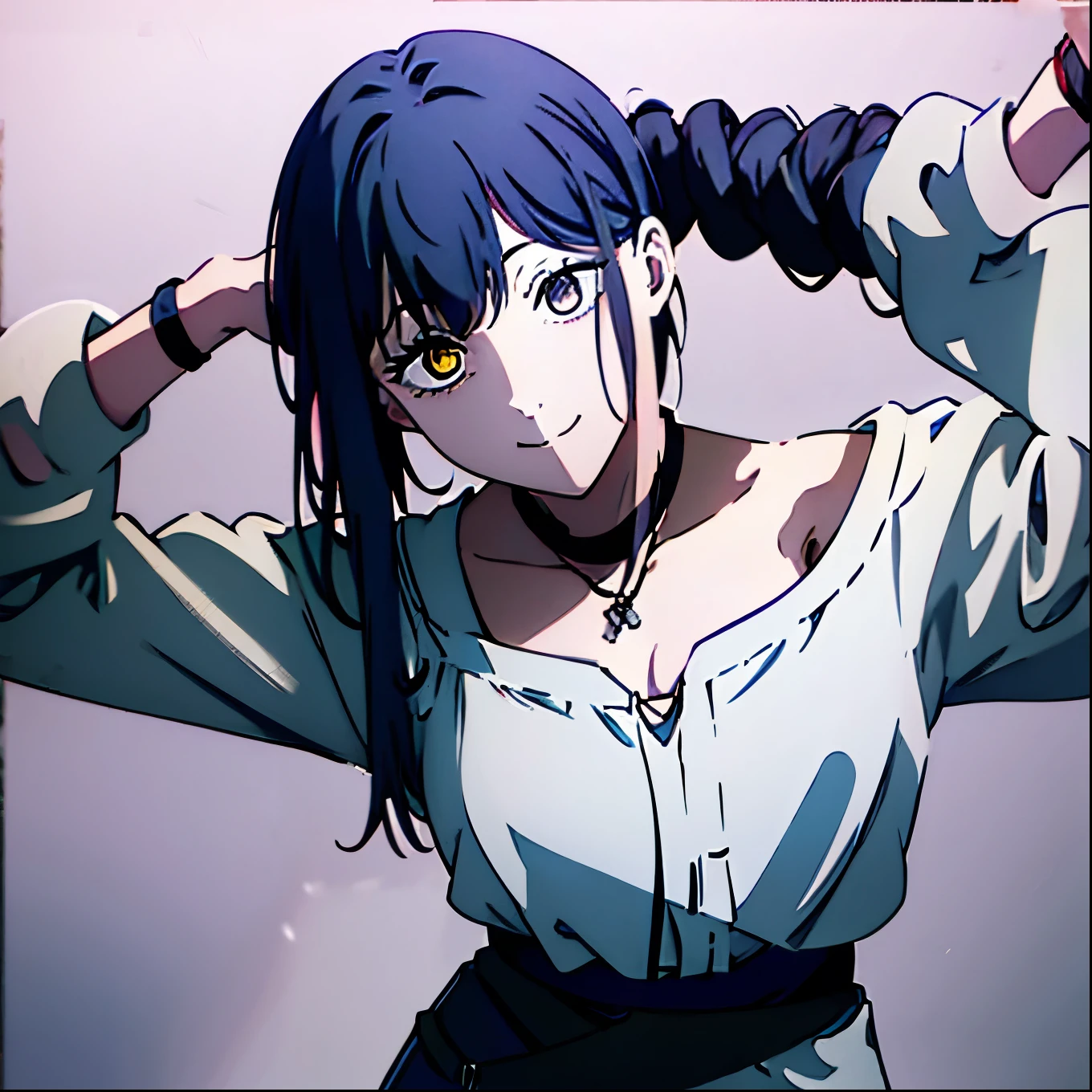 Masterpiece, Girl, Solo, simple background, looking at viewer, light smile, metal necklace, kakuran, bandage, black pants, troublemaker, yankee, accessories, two-tone hair dark blue and purple , unique hairstyle, fashionable, french braid, simple background, black background, odd yellow eye