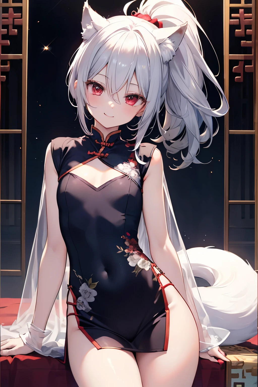 Silver Hair、Red Eye、Fox ears、girl、Small breasts、ponytail、girl、Small breasts、Lolita、Bright smile、Looks about 、Petan Musume、short、目のhighlight、Sexy thighs、Wearing china clothes、Your eyes are so beautiful、highlight