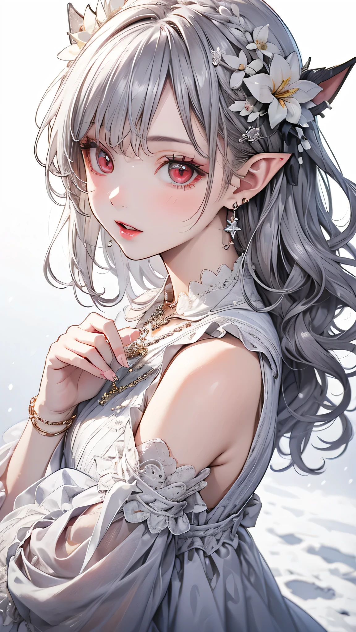 {{masterpiece}},highest quality,Very detailed,Very detailed CG Unity 8k wallpaper,An illustration, One girl, Red eyes, Wavy silver hair, Pointed Ears, vampire, dress, necklace, Hair Flowers, snow, ice, whole body, shot,High Close-up, Very detailed,Center Frame,Sharp focus, View Viewer, Floating hair,