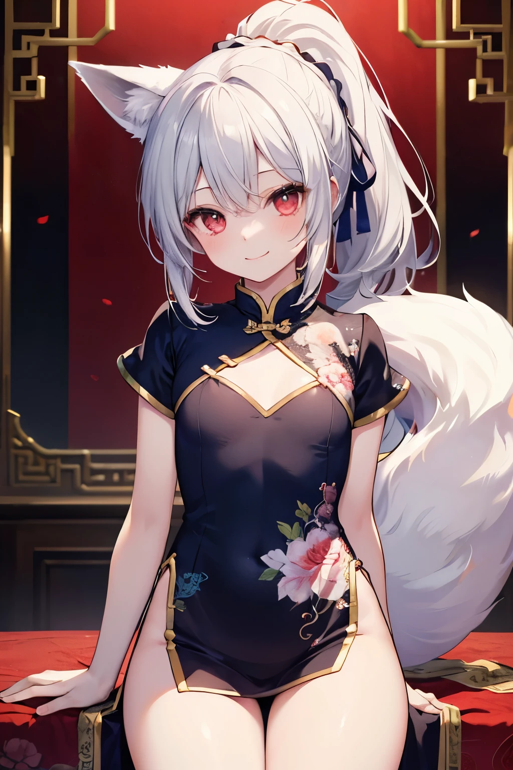 Silver Hair、Red Eye、Fox ears、girl、Small breasts、ponytail、girl、Small breasts、Lolita、Bright smile、Looks about ************、Petan Musume、short、目のhighlight、Sexy thighs、Wearing china clothes、Your eyes are so beautiful、highlight