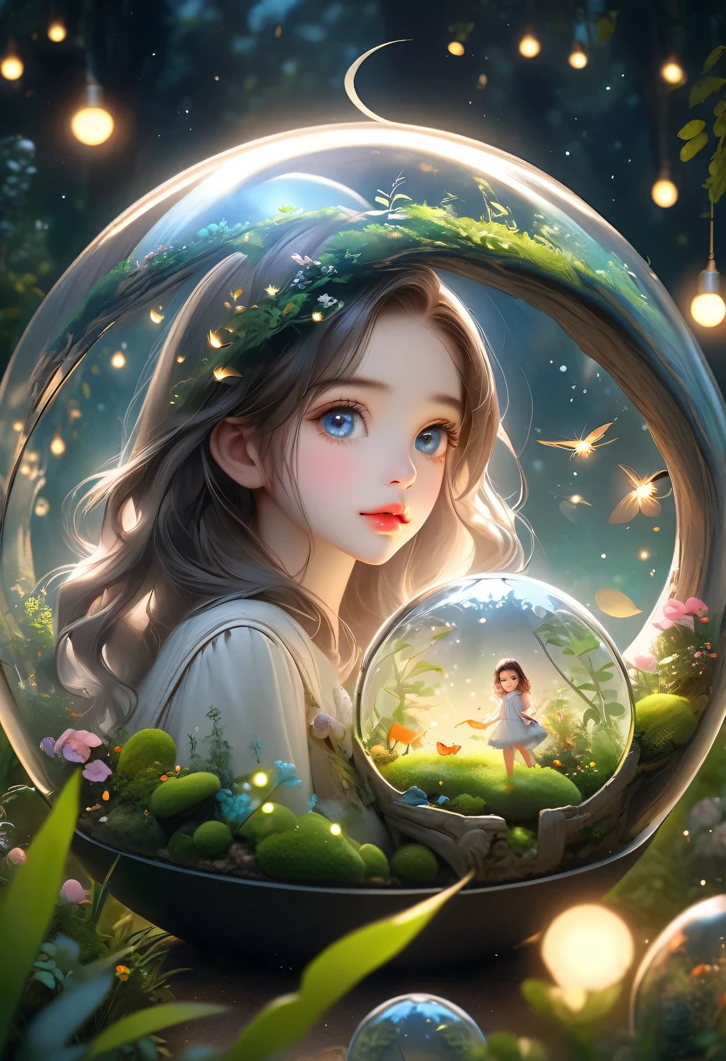 masterpiece:1.2, highres, highest quality, beautiful detailed, ultra-realistic, photorealistic:1.37, (double exposure cute girl in the spherical terrarium:1.5), (layered cute girl holding spherical terrarium):1.2, crescent moon, meadow lake scenery with fireflies flying around, beautiful delicate(hair, eyes, pupils, lips, firefly)