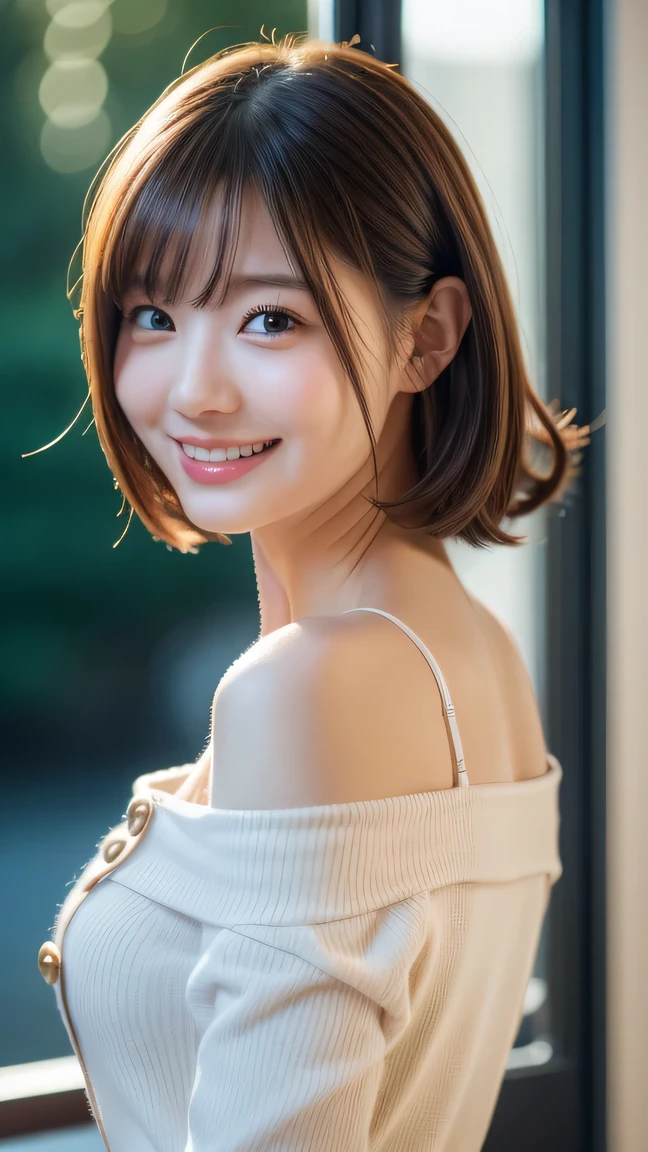 Enhanced dynamic perspective,Cute cute beautiful girl,JK ,Look at me and smile,simple backgound,Works of masters,high quarity,4K resolution,super-fine,Detailed pubic hair,precise,Cinematic lighting,Leaves the original facial proportions、(large full breasts)、((buttonGap)), off shoulder shirt,