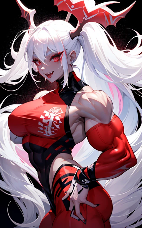 1 girl,White skin,dark风,Wear leg rings,long white hair,Black eyeshadow,Red Eyes,control,dark,sickle,Goddess of Death,Succubus,Smile,Sticking out tongue,(((Bodybuilder:1.5)))(((Beauty)))