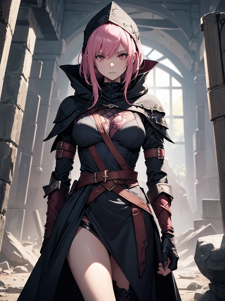 (High-resolution, high-quality), illustration of a character in a dark, medieval fantasy setting. The character is Berna and is depicted in a night assassin state. She has short pink hair and red eyes. She is about 150 cm tall and looks . She wears an indigo cloak with intricate designs and covers her head with an indigo hood. Her costume is revealing, consisting of armor-like pieces that cover her arms and legs and minimal clothing that accentuates her figure. Dirty white bandages are wrapped around both arms. In one hand, he holds a dull red dagger. The background is a dimly lit dungeon or underground lair, with stone walls and barrels lit by torches. The mysterious, dark atmosphere highlights the stealth and danger of the character. ((Except for his face, he has a tattoo that looks like a pink line.)) nsfw