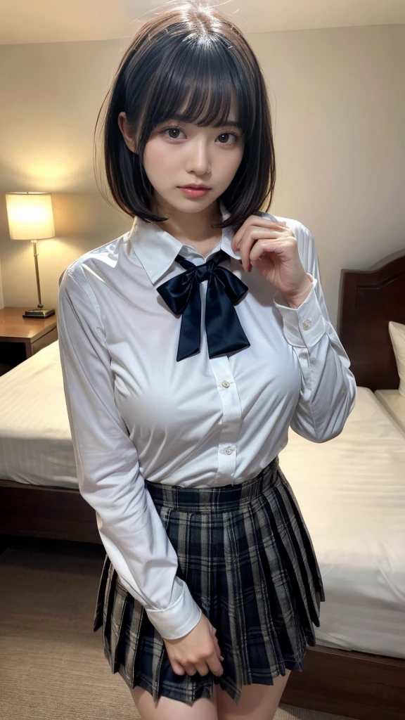 masterpiece, best quality, illustration, Super detailed, fine details, High resolution, 8K,wall paper, perfect dynamic composition,(Details High quality, realistic depiction of eyes:1.3), standing, (collared shirt:1.1), pleated skirt, short bob hair、black hair color, Big Natural Color Lip, bold sexy pose, crying a little、cold gaze, Harajuku style、acrobatic pose, 20 year old girl、cute type、lolita、beautiful legs, hotel room, gravure idol, Voluptuous thighs, huge breasts, Don't expose it