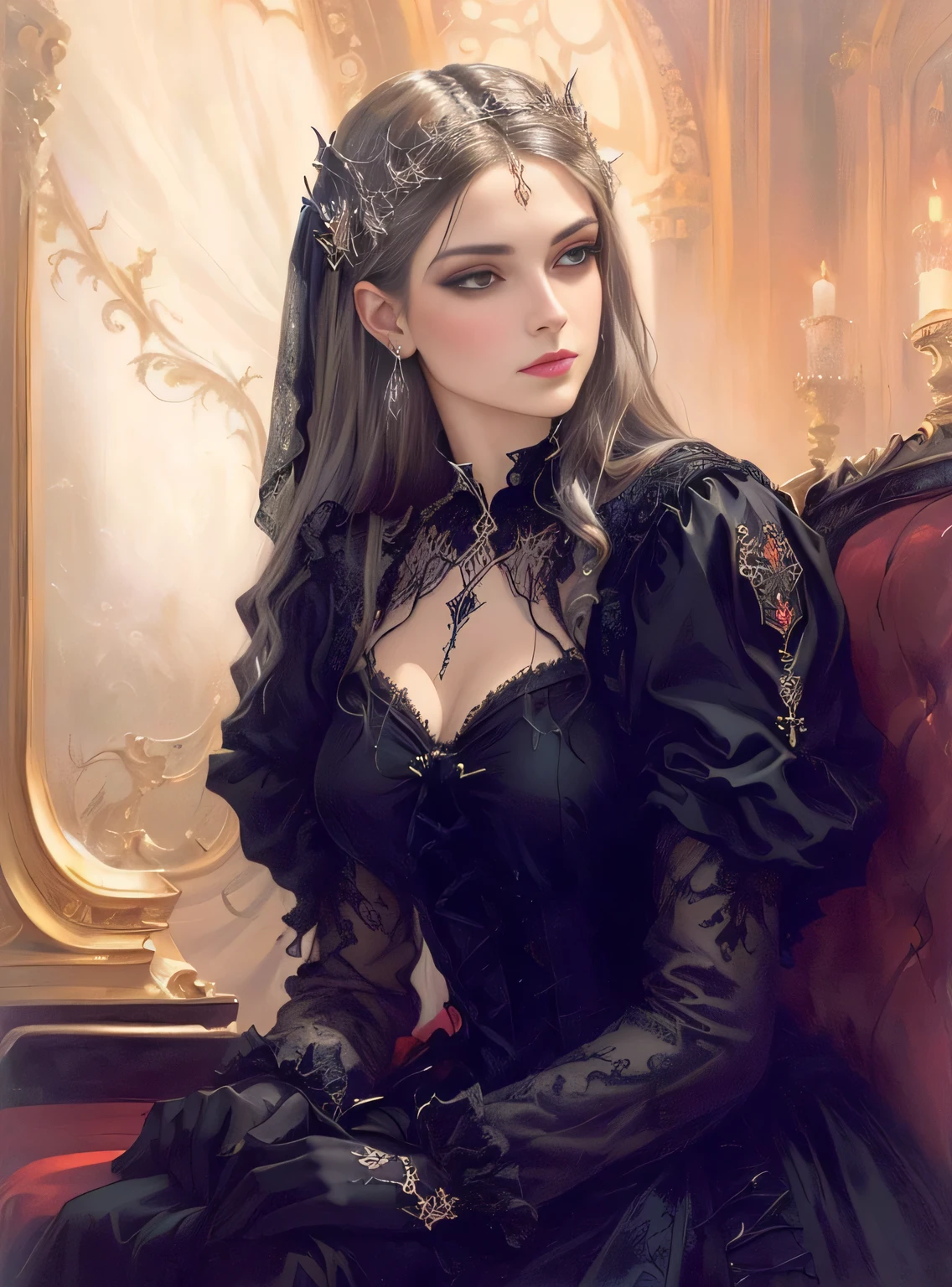 painting of a woman in a black dress sitting on a red sofa, arte vitoriana de fantasia, an elegant gothic princess, Obra de arte! retrato de arwen, elegant vampiro vitoriano, gothic maiden, gothic princess portrait, victorian gothic, gothic fantasy art, vampiro vitoriano, retrato de uma senhora vampira, Gothic art, no estilo de Anne Stokes, princess Vulvine oil painting