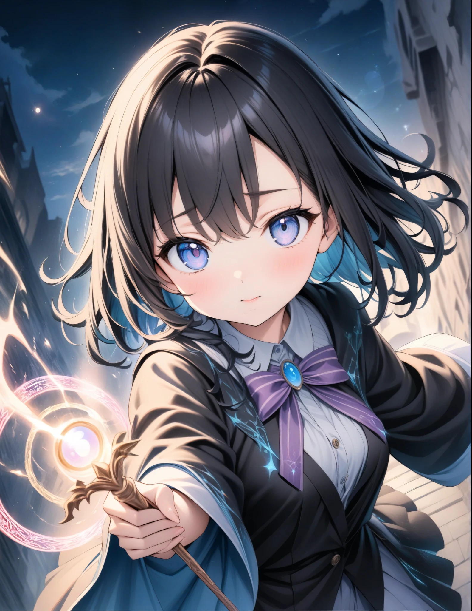 ((style:Colored pencil,pale colour)),(anime)、(masterpiece:1.2),atmospheric perspective,lens flare、Otherworldly fantasy、Wizard Girl、magic circle、Beautiful effects、cute、With a wand in one hand、Cast a spell in front、A spectacular and devastating work、((Magical effect))、Light effects、Black Hair、Slanted Eyes