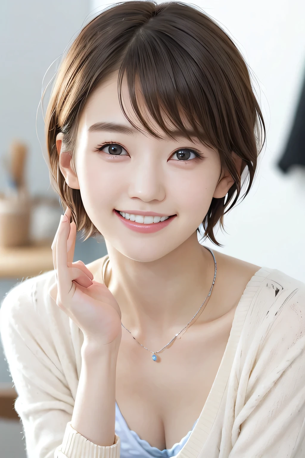 205 ((short hair)), 20-year-old female, In underwear、cardigan、Open your mouth、smile、Beautiful teeth alignment、Black Hair、ear piercing、Necklace around the neck、Looking into the camera, Waiting for the start