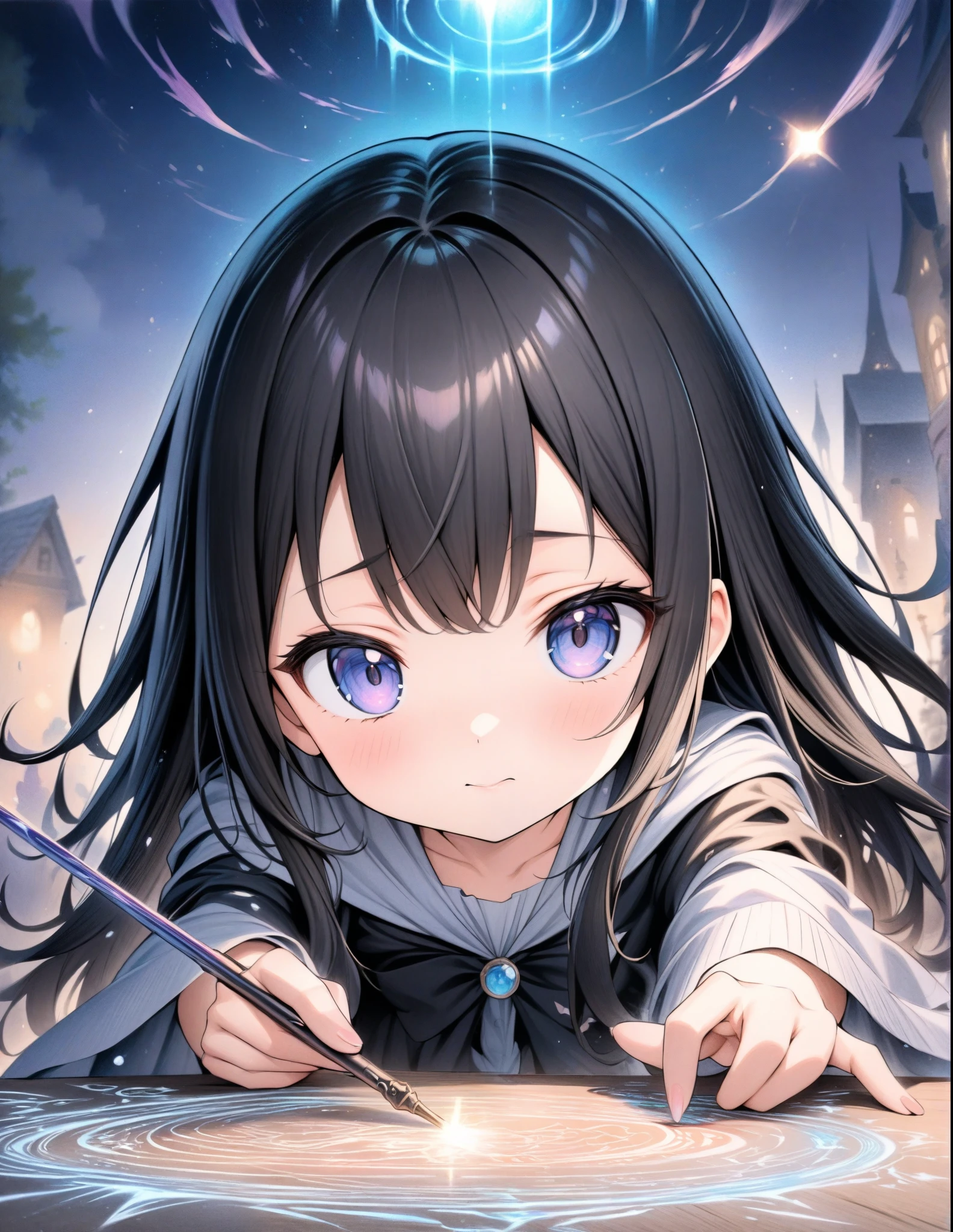 ((style:Colored pencil,pale colour)),(anime)、(masterpiece:1.2),atmospheric perspective,lens flare、Otherworldly fantasy、Wizard Girl、magic circle、Beautiful effects、cute、With a wand in one hand、Cast a spell in front、A spectacular and devastating work、((Magical effect))、Light effects、Black Hair、Slanted Eyes