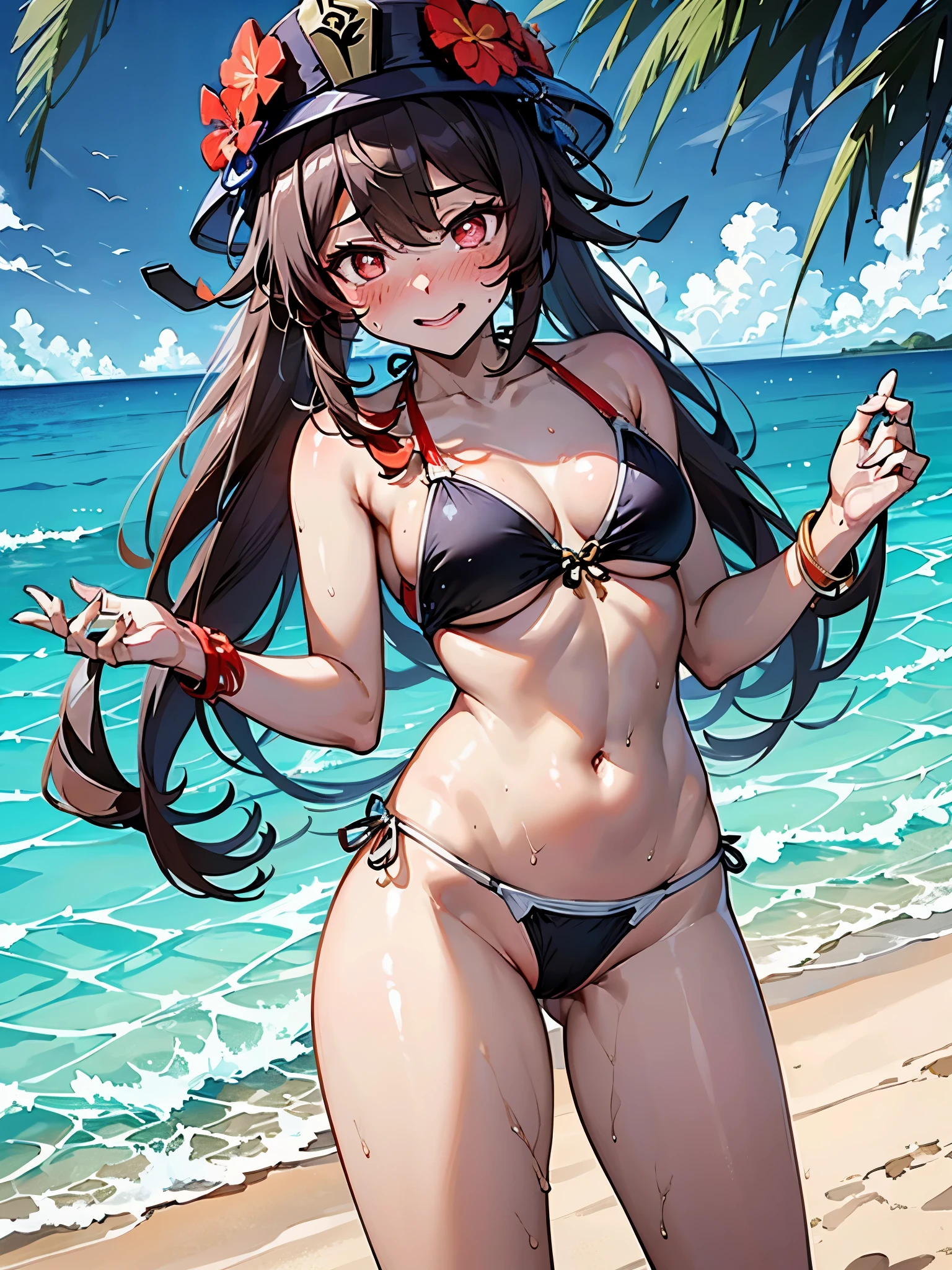 NSFW,hutao\(genshin\),(Sexy Swimwear:1.5),(Perfect hands),(Perfect Anatomy),(masterpiece),(highest quality),(Embarrassed:1.5),blush,Feeling embarrassed,Lift your butt,Leg spread,Sandy Beach,Palm tree,Rock Shade,One man,Man standing behind