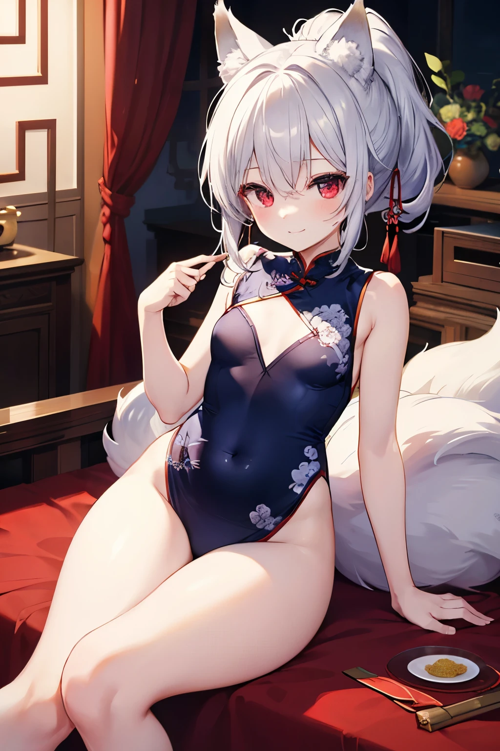 Silver Hair、Red Eye、Fox ears、girl、Small breasts、ponytail、girl、Small breasts、ta、Bright smile、Looks about 15 yan Musume、short、目のhighlight、Sexy thighs、Wearing china clothes、Your eyes are so beautiful、highlight