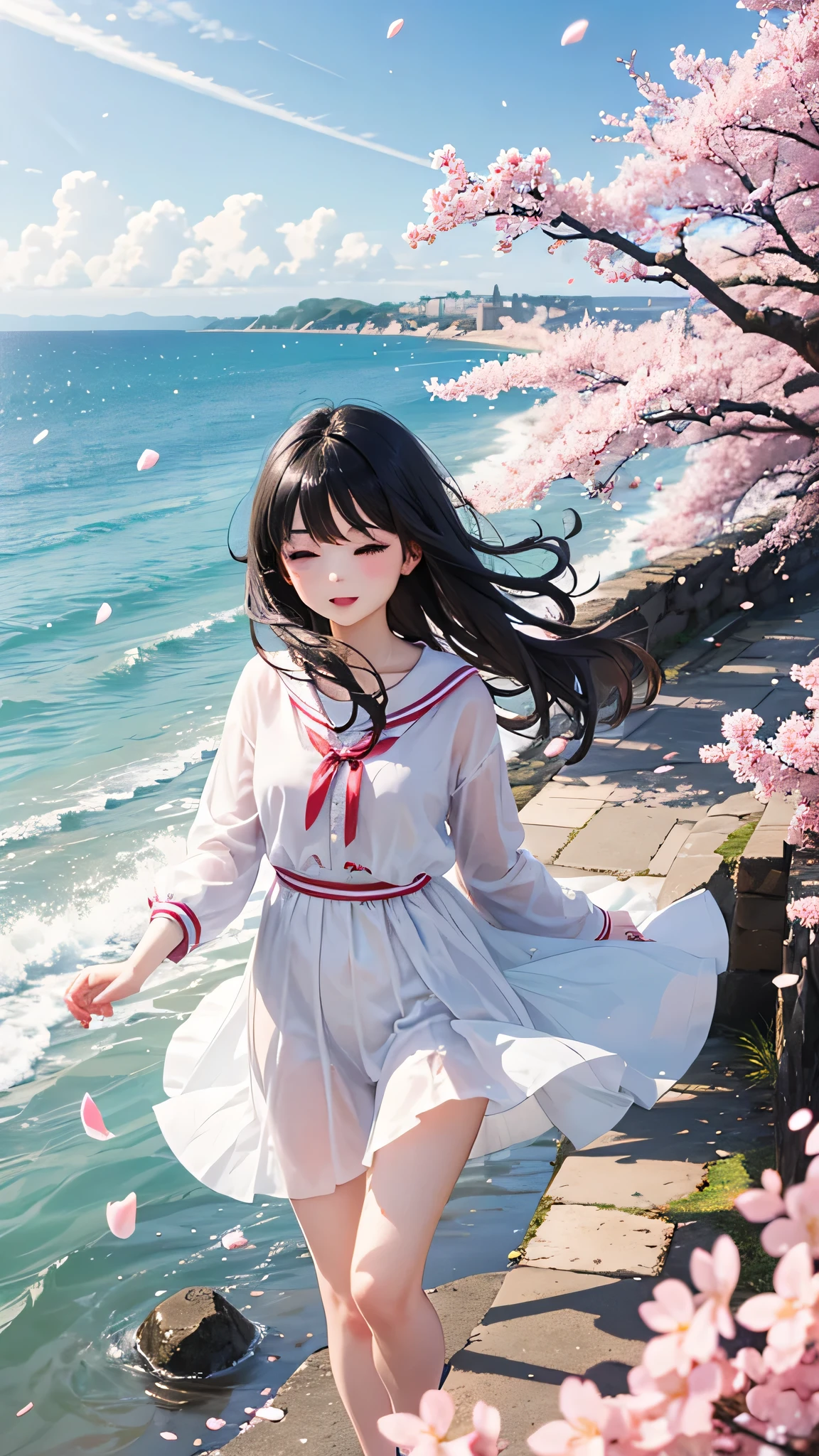 One girl,Black Hair, Floating Hair, Seaside,Color,landscape,cherry blossoms, Falling petals, Sunbeam,God's Rays,Upper Body, color,dress,kimono