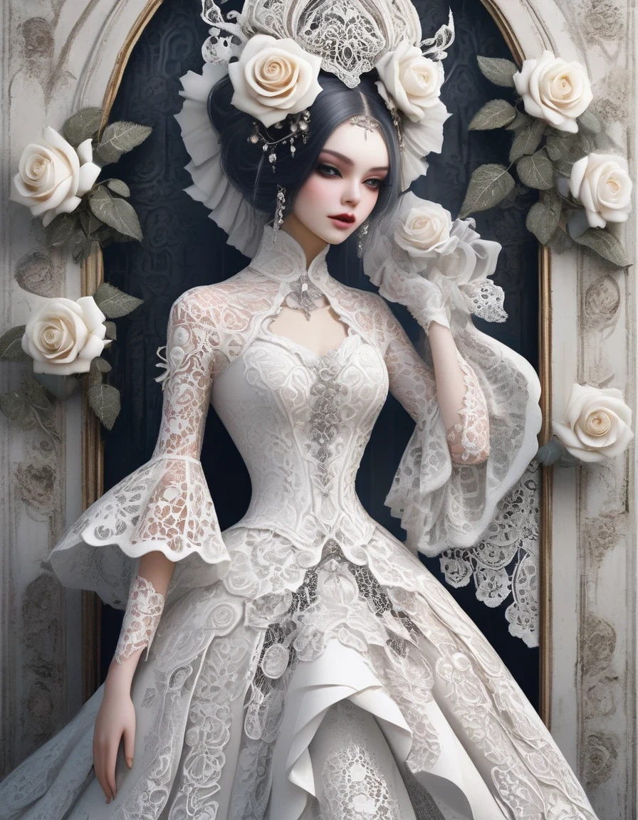 in style of cutout artwork, White rose,Gothic style white lace clothing design,beautiful detailed