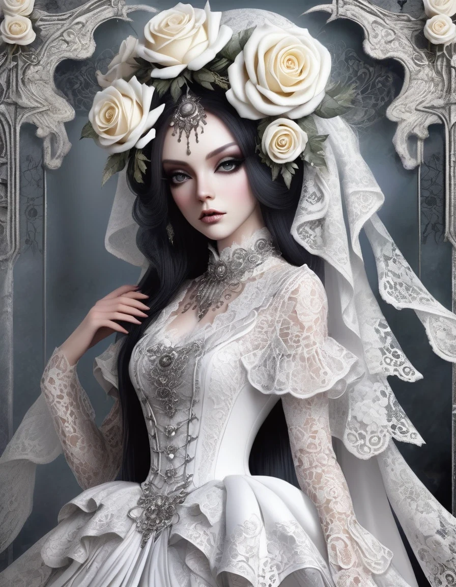White rose,Gothic style white lace clothing design