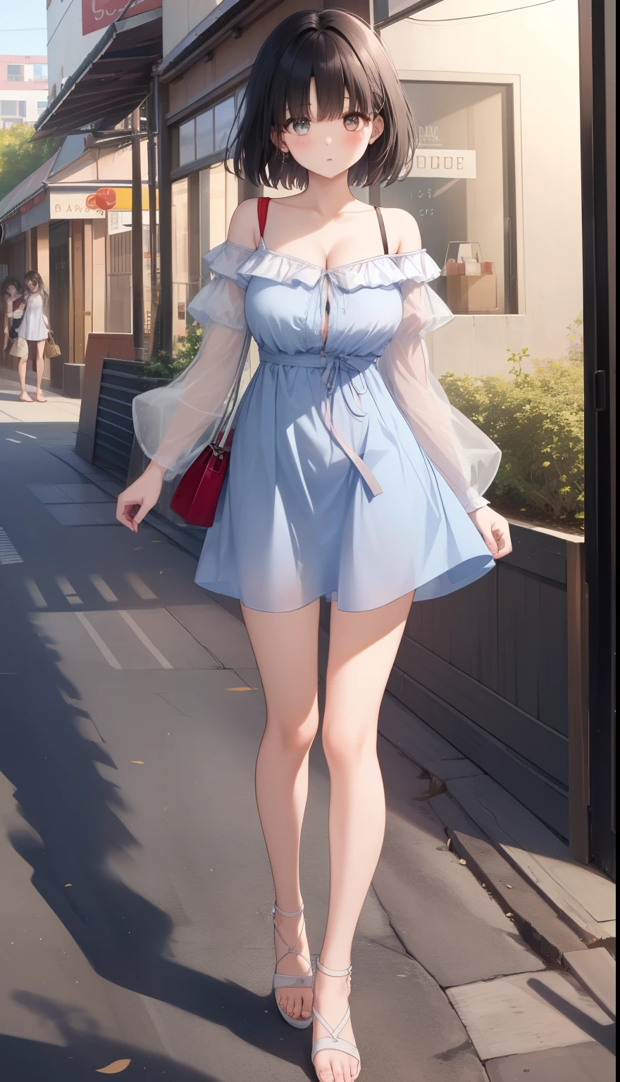 One Girl、positive、Standing posture、Full body portrait、Black Hair、Medium Haircut、blush、Absolute area、No panties、No bra、barefoot、Light blue dress、Off-the-shoulder dress、(Very large breasts)、Cleavage、((Lesbians around the world))、masterpiece、(highest quality) 、Shirt buttons fly off、Unbutton your shirt、Exposing the breasts、In town、Date、Shopping Street、White Sandals、A man stands behind