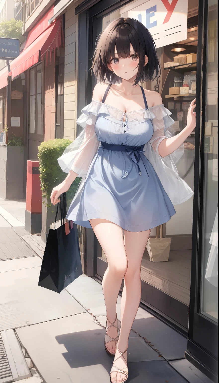 One Girl、positive、Standing posture、Full body portrait、Black Hair、Medium Haircut、blush、Absolute area、No panties、No bra、barefoot、Light blue dress、Off-the-shoulder dress、(Very large breasts)、Cleavage、((Lesbians around the world))、masterpiece、(highest quality) 、Shirt buttons fly off、Unbutton your shirt、Exposing the breasts、In town、Date、Shopping Street、White Sandals、A man stands behind