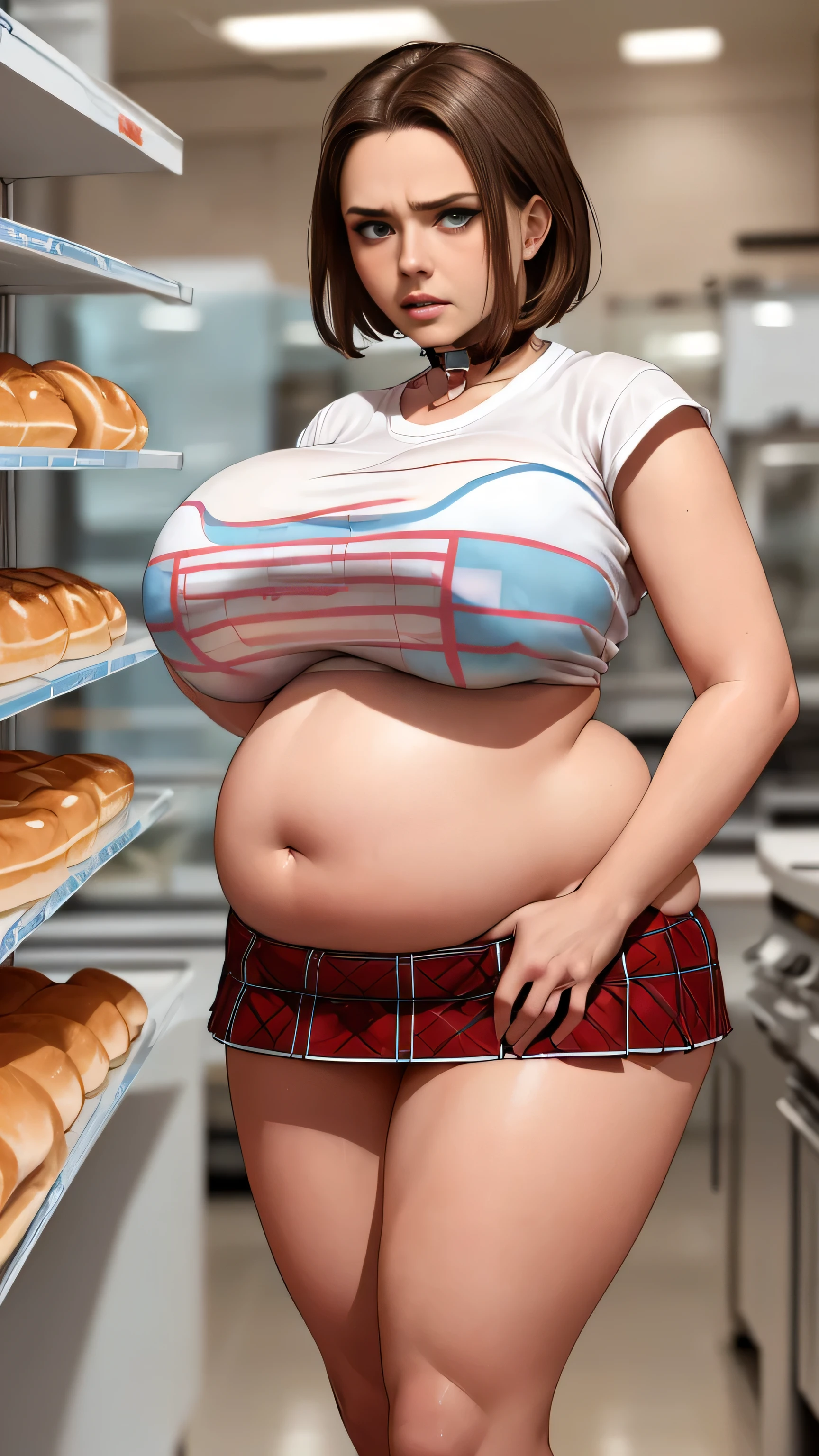 Scarlett Johansson, (masterpiece quality, (masterpiece quality:1.3), realistic, (realistic:1.3), 1girl, (1girl:1.9), solo, (solo:1.9), short hair, brunette, (brunette:1.5), in a bakery, lots of bread in background, wearing college uniform, wearing choker collar, wearing white t-shirt, (white t-shirt:1.5), midriff, (midriff:1.5), wearing red plaid miniskirt, (red plaid miniskirt:1.5), bare legs, (bare legs:1.5), huge breasts, (huge breasts:1.5), chubby belly, (chubby belly:1.2),  worried, (worried face:1.5),