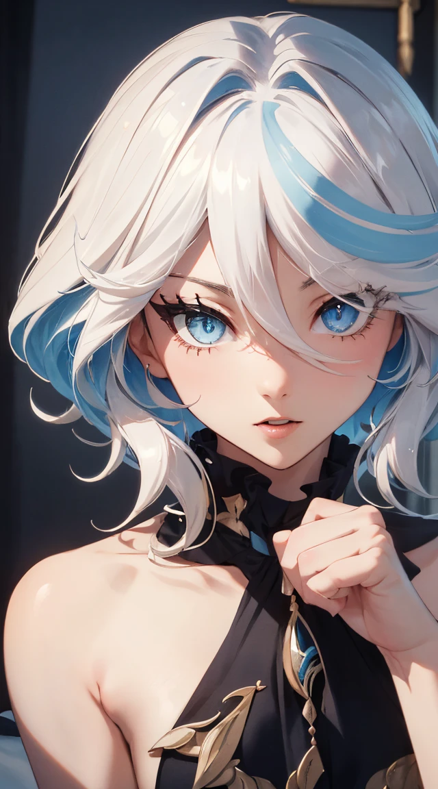 ((top quality, 8k, masterpiece: 1.3, ultra hd, high quality, best quality, high definition, realism)), sharp focus: 1.5, Beautiful girl with thin and skinny body, thin and skinny body, Light blue hair, blue ocean eye color with light Gradation, Erotic ahegao expression, Mouth open, Erotic pose on the chair, Close up view.