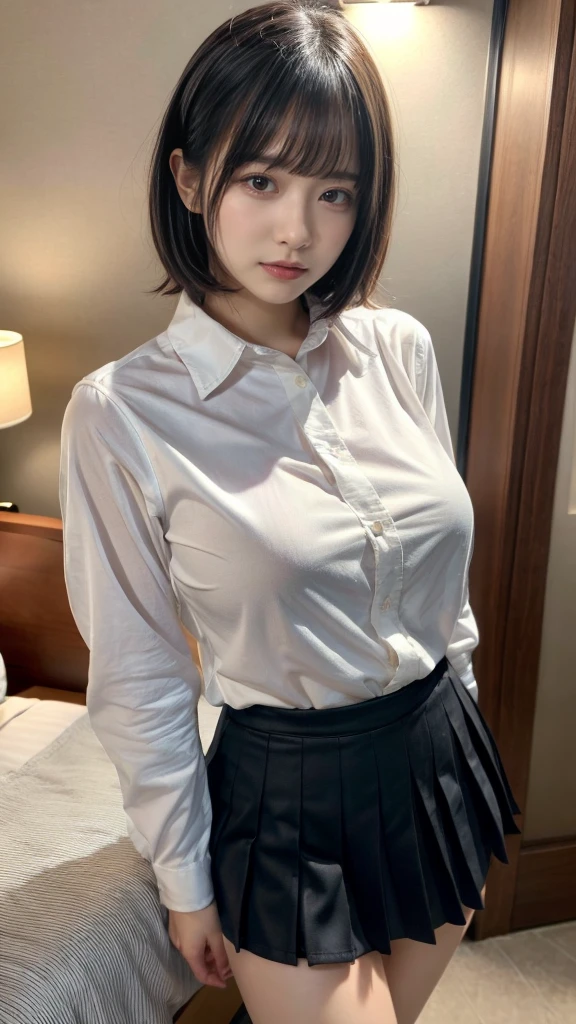 masterpiece, best quality, illustration, Super detailed, fine details, High resolution, 8K,wall paper, perfect dynamic composition,(Details High quality, realistic depiction of eyes:1.3), standing, (collared shirt:1.1), pleated skirt, short bob hair、black hair color, Big Natural Color Lip, bold sexy pose, crying a little、cold gaze, Harajuku style、acrobatic pose, 20 year old girl、cute type、ta、beautiful legs, hotel room, gravure idol, Voluptuous thighs, huge breasts, Don't expose it