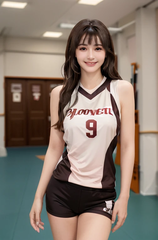 1 lady only, /(Volleyball uniforms/), Become a, /(Dark brown hair/) Bangs, Blushing friendly smile, (Masterpiece Best Quality:1.2) Exquisite illustrations with rich details, Big BreastsBREAK /(Indoor gym corridor/)