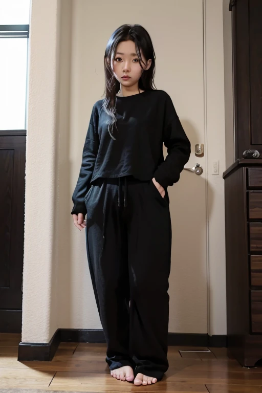 Japanese Girl sees the ghost and pees her black palazzo pants until her pants are wet in fright.