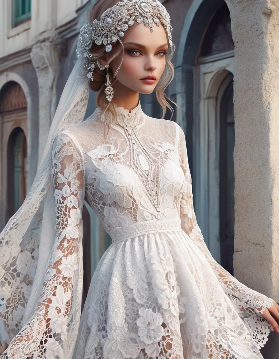 in style of Boho fashion design, White Lace/White lace, beautiful detailed