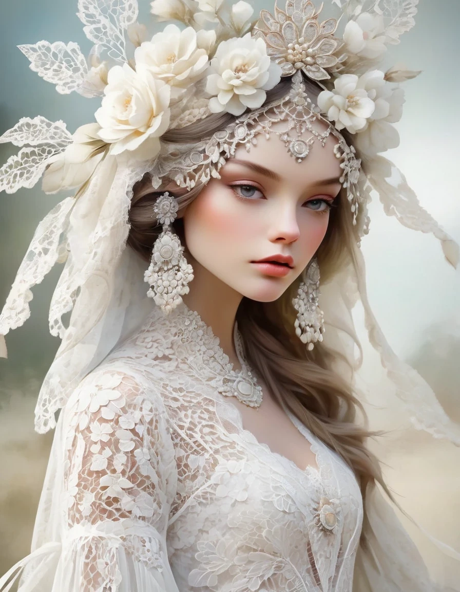 in style of Boho fashion design, White Lace/White lace, beautiful detailed