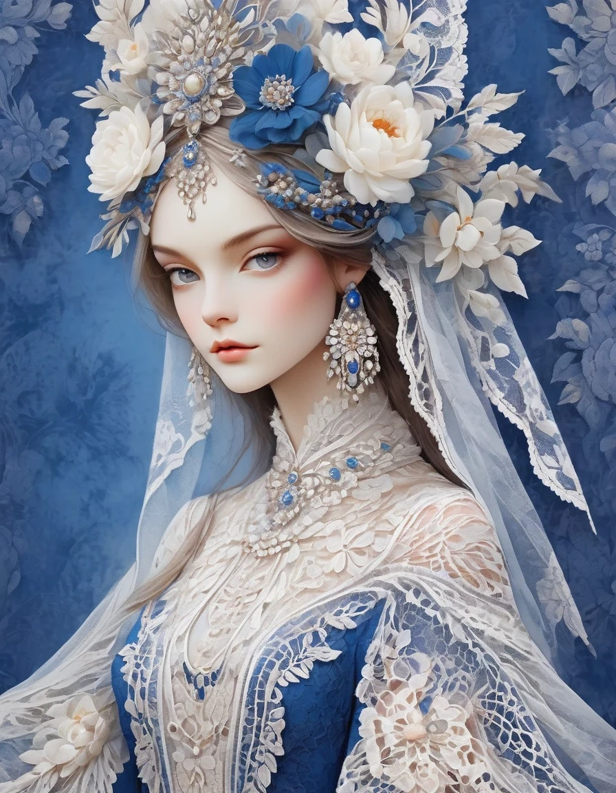 in style of Boho fashion design, White Lace/White lace，Royal blue background, beautiful detailed