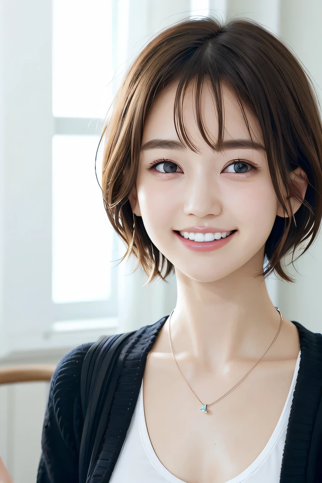 205 ((short hair)), 20-year-old female, In underwear、cardigan、Open your mouth、smile、Beautiful teeth alignment、Black Hair、ear piercing、Necklace around the neck、Looking into the camera, Waiting for the start