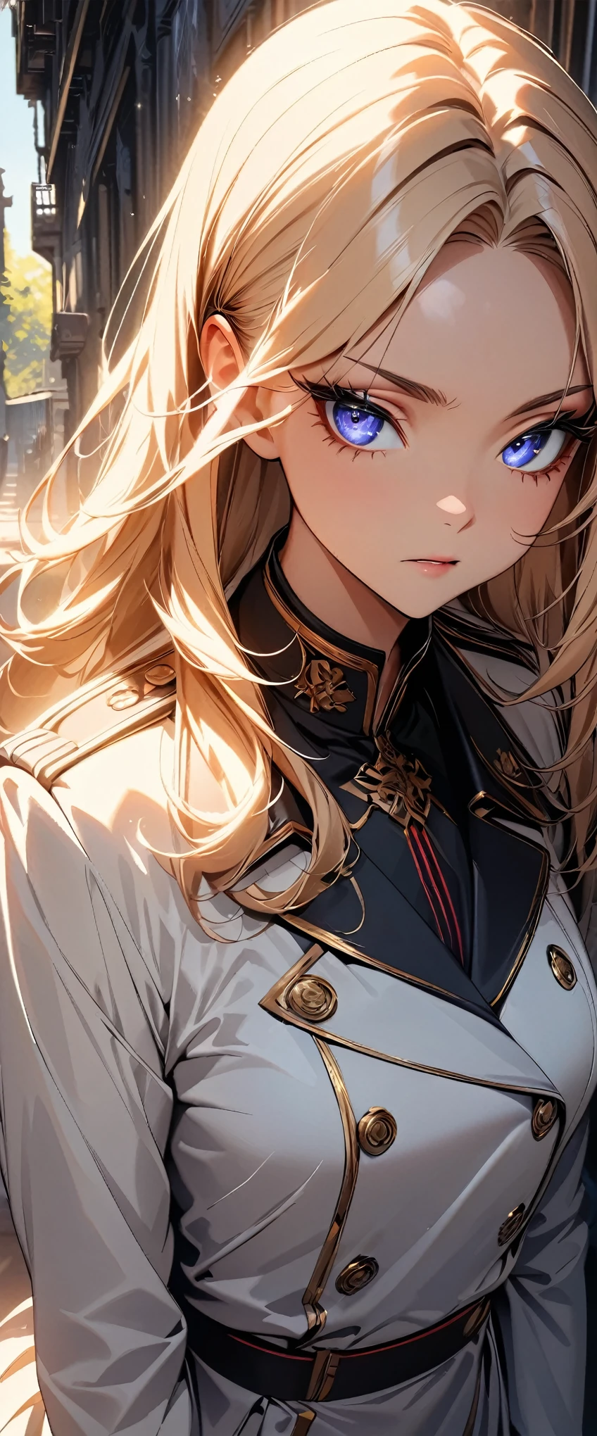 (highest quality:1.2, Very detailed, Latest, Vibrant, Ultra-high resolution, High Contrast, masterpiece:1.2, highest quality, Best aesthetics), (((1 girl))), Beautiful woman, Woman in a seductive pose, Beautiful young girl in white military uniform, Delicate facial features, Detailed eyes and face, Long eyelashes, Glamorous makeup, Serious expression, Standing in the center of the city surrounded by buildings、Sunlight filtering through the trees, Intricate details, Cinematic lighting, Bright colors, Romantic colors, Dramatic atmosphere.
