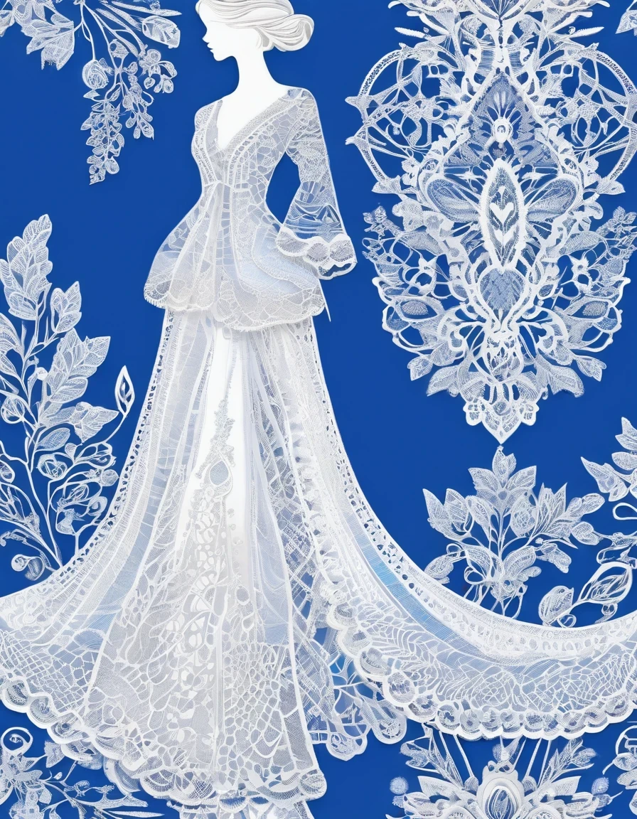 in style of Boho fashion design, White Lace/White lace，Royal blue background, beautiful detailed