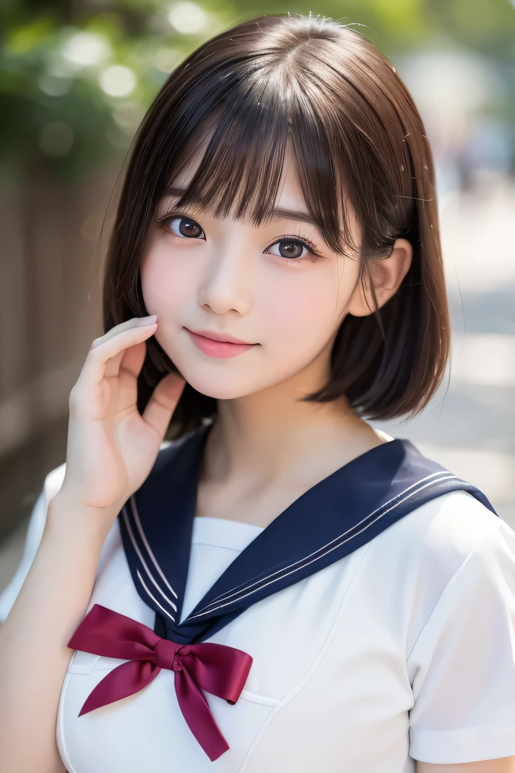 (1 Girl)、(Beautiful Japanese、18years old,round face、Refreshing、clear、seems kind、stylish、Pitiful、cute like an angel、cute、black eyes、,actress,Almond-shaped eyes,Translucent white skin、Beautiful skin), Good style , (((Beautiful big breasts:1.2))),(((soft breasts))),(very cute),(Black hair),(short bob hair),(enchanting eyes),(highlight on eyes:1.2)、(8K、Live shooting、highest quality、masterpiece:1.2、optimal lighting)、((masterpiece)),(Photo taken by a professional photographer),(real、photo real:1.4),break,{ (Cute Japanese high school sailor uniform),((Cute Sailor Suit:1.2))},(cheeks are red:1.3), break, break,Face shot:1.3、 face close-up,Looking up、(Cleavage:0.7)、,Looking at viewer,From below,(high school),(tear:1.4),Normal face、School zone、A sparkling smile,(((Hand on cheek)))