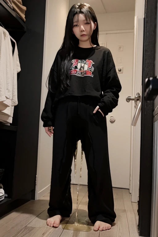 Japanese Girl sees the ghost and pees her black palazzo pants until her pants are wet in fright.