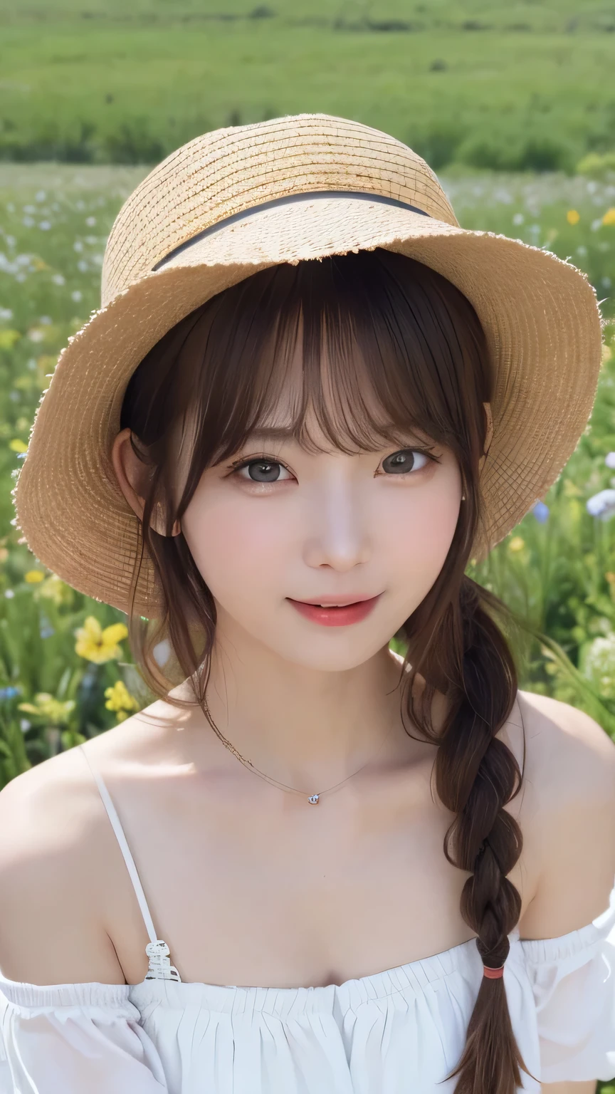 top-quality,fullbody shot,,super high resolution,(Realistic:1.4),Raw photography,
highest quality、masterpiece、超A high resolution、(Photorealistic:1.4)、RAW Photos、1 girl、White Dress、Off the shoulder、Flower Field、Glowing Skin、A light smile、Braided hair、Floating Hair、Backwards、Backwards , Straw hat , huge shy smile , Puffing out her cheeks and getting cutely angry