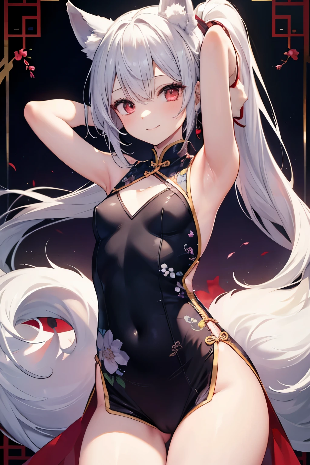 Silver Hair、Red Eye、Fox ears、girl、Small breasts、ponytail、girl、Small breasts、ta、Bright smile、Looks about 15 yan Musume、short、目のhighlight、Sexy thighs、Wearing china clothes、Showing armpits、Your eyes are so beautiful、highlight