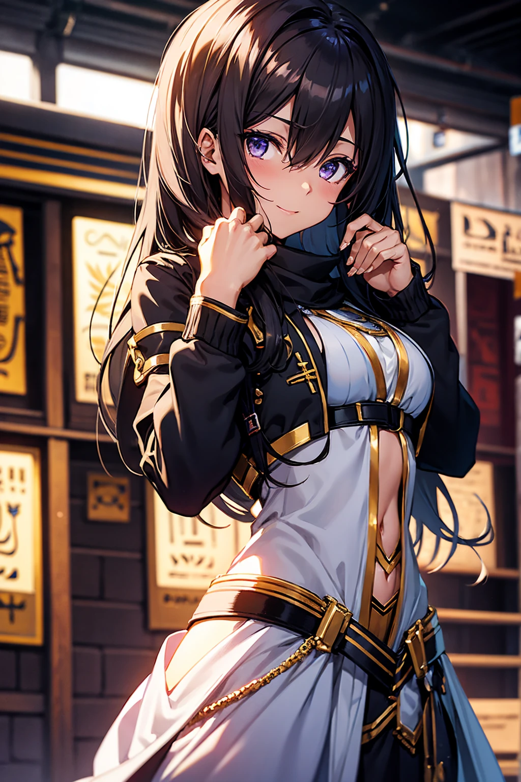 Kirito, a girl black egyptian dancer&#39;s clothing black skin, purple eyes, blushing smile, standing alone on the stage, Super big breasts, breast enlargement, full-body shot, looking at the camera