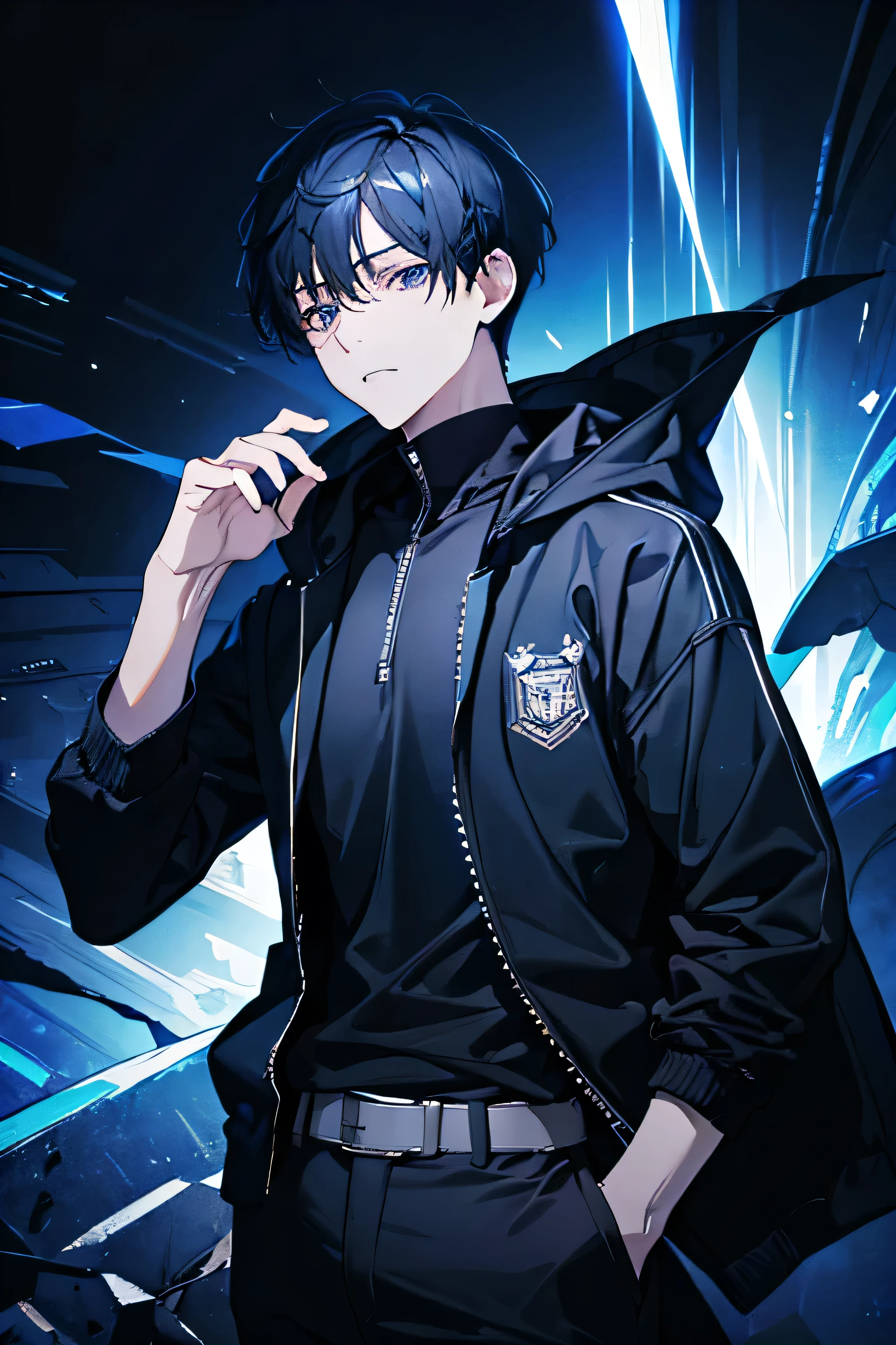 (masterpiece, top quality, super definition, high definition), male, dark blue hair and black eyes, short hair down, wearing black hoodie jacket, soft relaxed expression looking directly at the viewer with his hands in his pockets