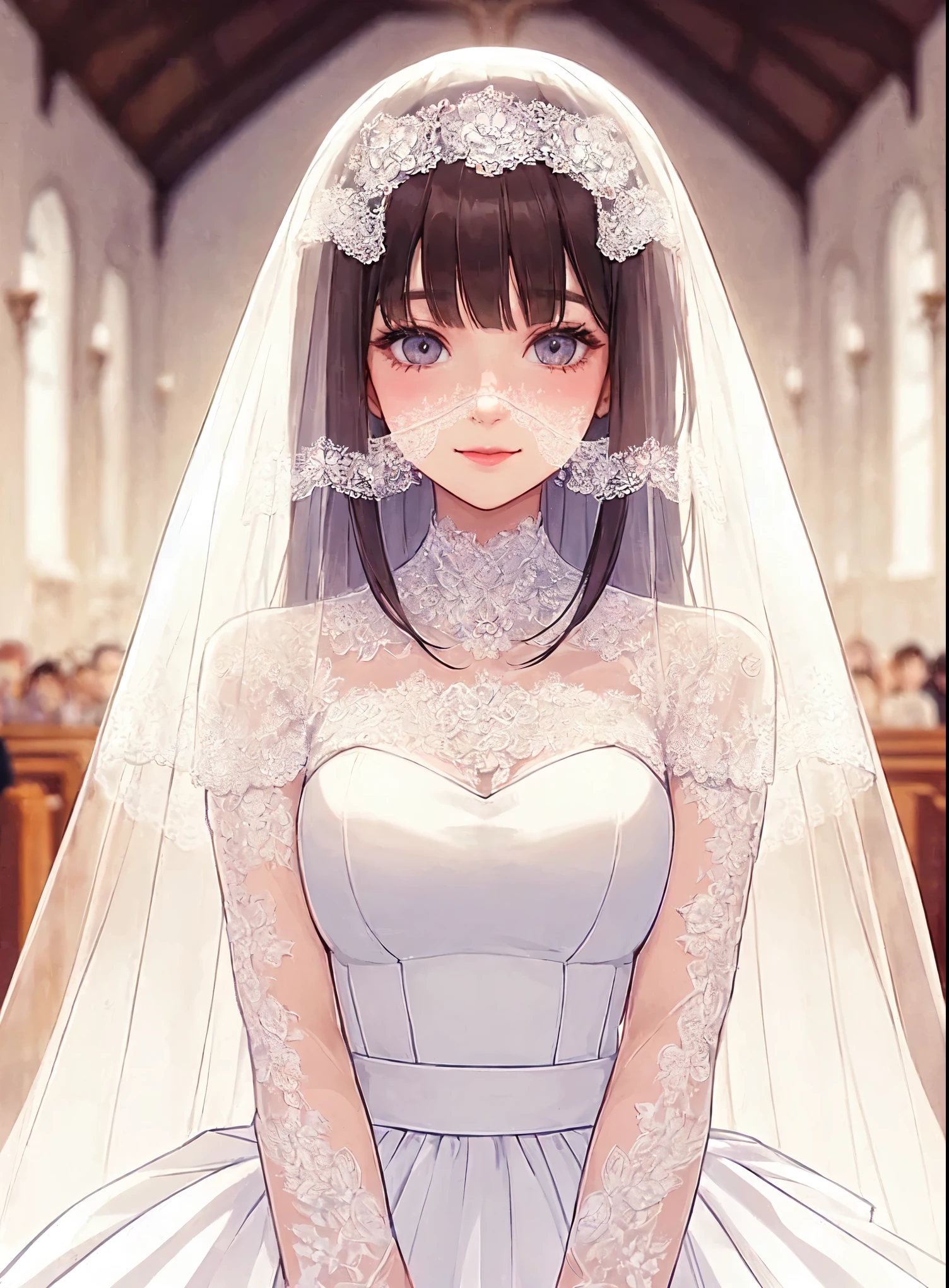 1lady standing, (looking at viewers), (pure white wedding dress) chic, (white head veil), (white lace:1.1), mature female, /(dark brown hair/) bangs, blush kind smile, (masterpiece best quality:1.2) delicate illustration ultra-detailed, large breasts BREAK (face covered by white veil), ((veil adorned with white lace:1.1) in front of face) BREAK (stylish bridal church) indoors, luxury hall, detailed background