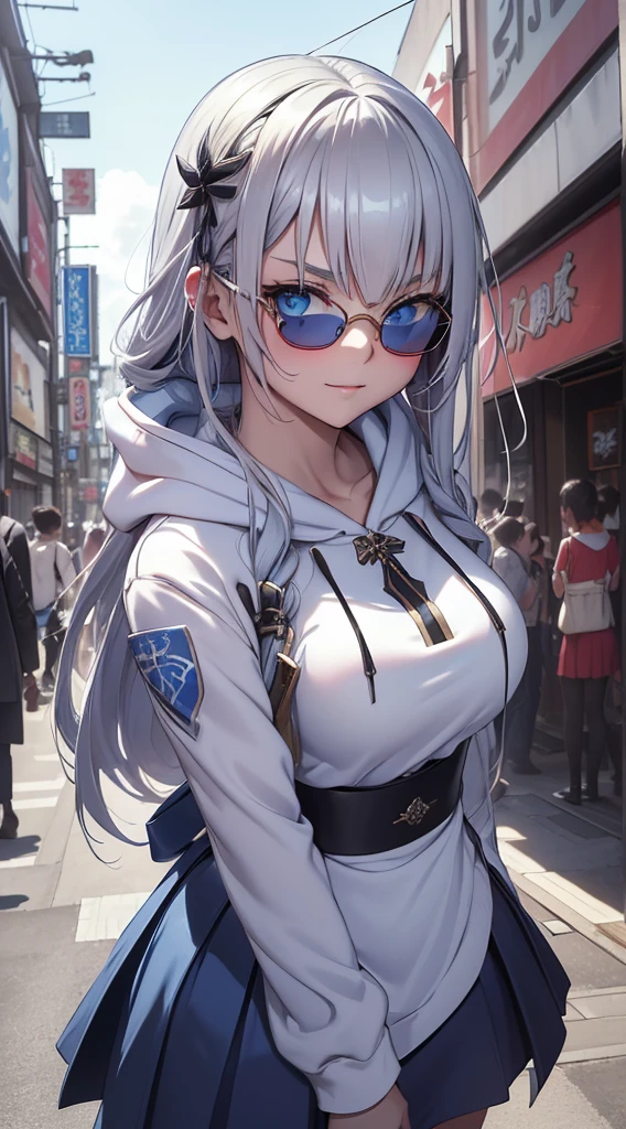 top-quality、Top image quality、masterpiece、teens girl((White and blue open-chest hoodie、Black skirt、18year old、 Ager、Best Bust、big bast,Beautiful light blue eyes, Long silver hair、A slender,Large valleys、Reflecting the whole body、Leaning forward、put red sunglasses on your eyes、jumping pose、Excited face、Drunk,Japan holding a sword)),hiquality、Beautiful Art、Background with(( shopping street、Shinjuku Kabukicho))masterpiece、depth of fields,