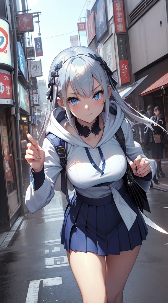 top-quality、Top image quality、masterpiece、teens girl((White and blue open-chest hoodie、Black skirt、18year old、 Ager、Best Bust、big bast,Beautiful light blue eyes, Long silver hair、A slender,Large valleys、Reflecting the whole body、Leaning forward、put red sunglasses on your eyes、jumping pose、Excited face、Drunk,Japan holding a sword)),hiquality、Beautiful Art、Background with(( shopping street、Shinjuku Kabukicho))masterpiece、depth of fields,
