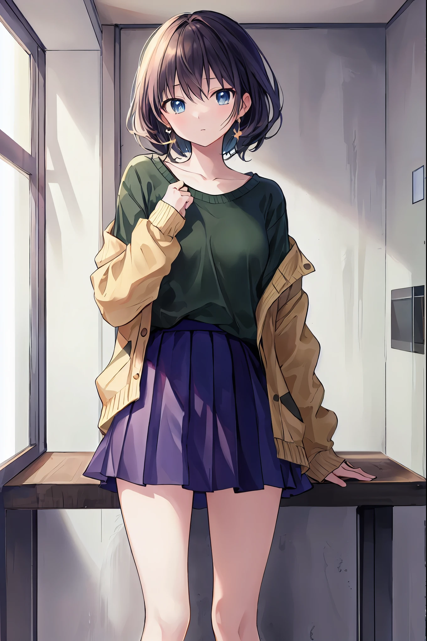 (masterpiece, highest quality, High resolution), Arima Kana (oshi no ko), Sian Carcadigan, sweater, dark_green_shirt,mini skirt, Are standing, Open clothes, alone,