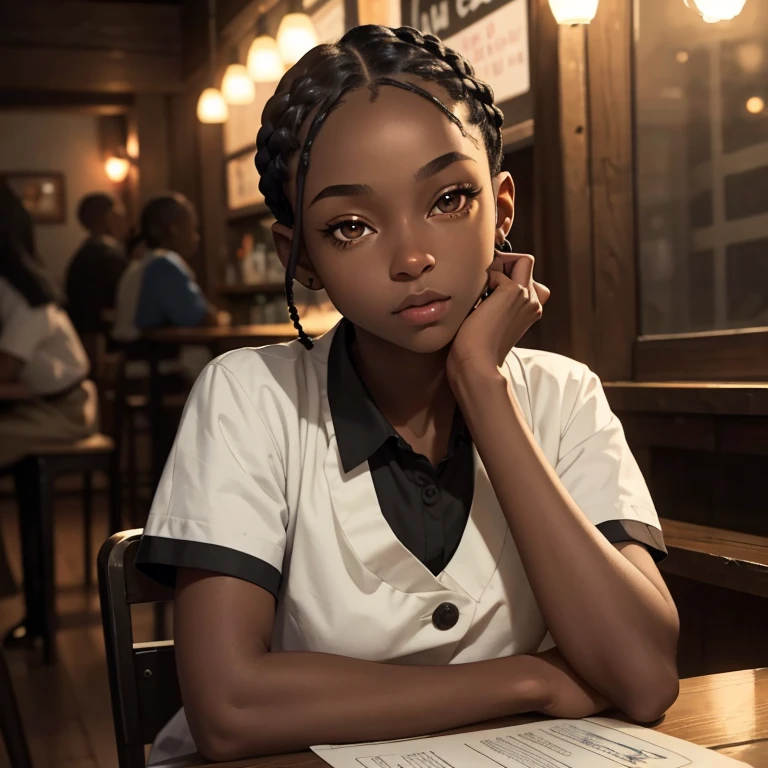 (masterpiece, best quality), deep ebony 1girl, beautiful face, short braids, tavern setting, dressed like a waitress , beautify, Lofi vibe, cute night vibe, concentrated, sitting, city wear, book over the table, hands outside of the picture, good hand position